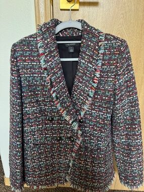 Halogen Multicolor Tweed Fringe Blazer Jacket - Red, Black & Teal Accents